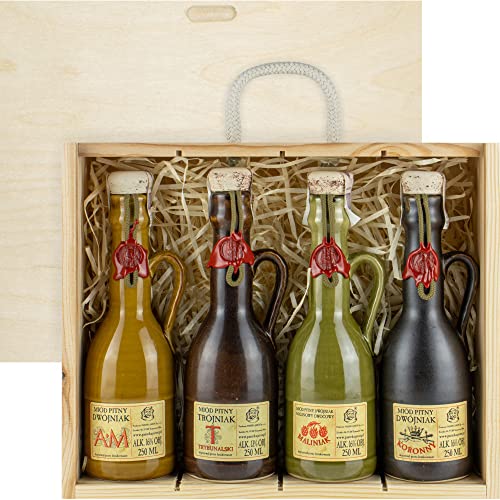 Set mit 4 Jaros Mets (Honigwein 3x Dwójniak-Halber/Trójniak-Drittel) Geschenkset in einer leichten Holzbox | 1000ml | 13-16% Alkohol Metwein | Polnische Produktion von eHonigwein.de Premium Quality