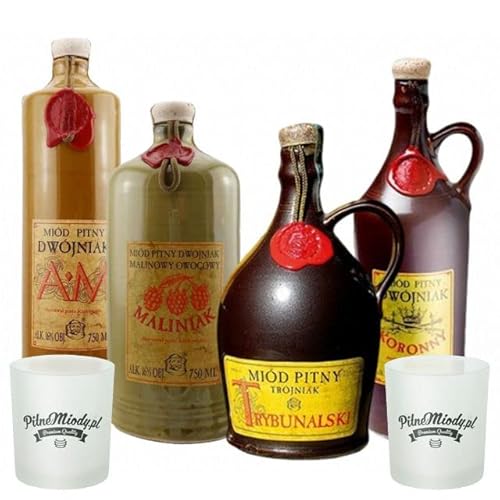 Set mit 4 Jaros Mets (Honigwein 3x Dwójniak-Halber/Trójniak-Drittel) mit 2 Bechern | 3000ml | 13-16% Alkohol Metwein | Polnische Produktion von eHonigwein.de Premium Quality