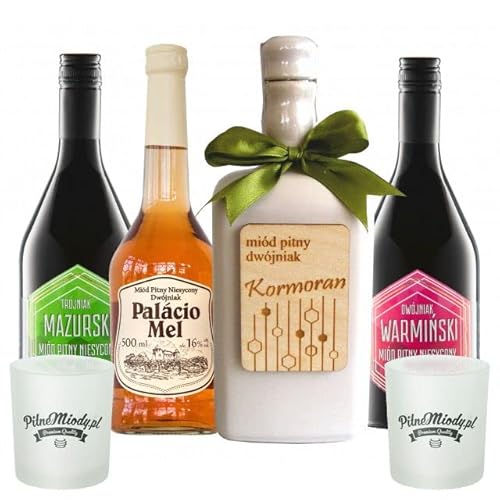 Set mit 4 Mazurskie Mets (Honigwein 3x Dwójniak-Halber/Trójniak-Drittel) mit 2 Bechern | 2400ml | 13-16% Alkohol Metwein | Polnische Produktion von eHonigwein.de Premium Quality