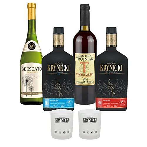 Setz von 4 Mets mit Bechern (Honigwein 2x Dwójniak-Halber / 2x Trójniak-Drittel) | 3000ml | 13-16% Alkohol Metwein | Polnische Produktion von eHonigwein.de Premium Quality