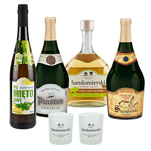 Setz von 4 Mets mit Bechern (Honigwein Dwójniak-Halber / 3x Trójniak-Drittel) | 3000ml | 13-16% Alkohol Metwein | Polnische Produktion von eHonigwein.de Premium Quality