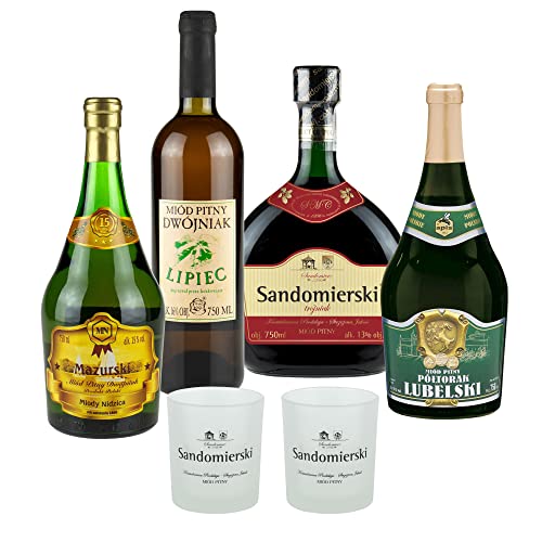 Setz von 4 Mets mit Bechern (Honigwein Półtorak-Eineinhalber/ 2x Dwójniak-Halber/Trójniak-Drittel) | 3000ml | 13-16% Alkohol Metwein | Polnische Produktion von eHonigwein.de Premium Quality
