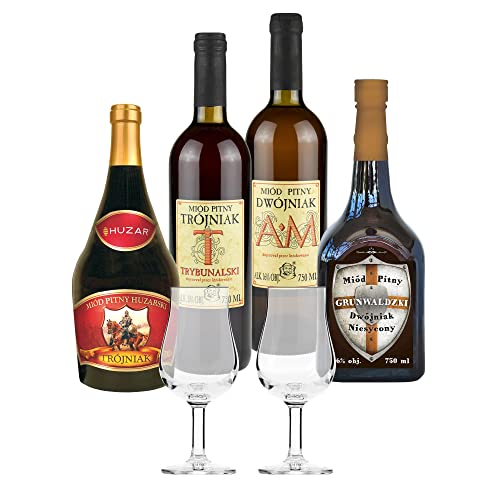 Setz von 4 Mets mit Gläsern (Honigwein 2x Dwójniak-Halber / 2x Trójniak-Drittel) | 3000ml | 13-16% Alkohol Metwein | Polnische Produktion von eHonigwein.de Premium Quality
