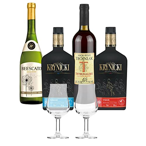 Setz von 4 Mets mit Gläsern (Honigwein 2x Dwójniak-Halber / 2x Trójniak-Drittel) | 3000ml | 13-16% Alkohol Metwein | Polnische Produktion von eHonigwein.de Premium Quality