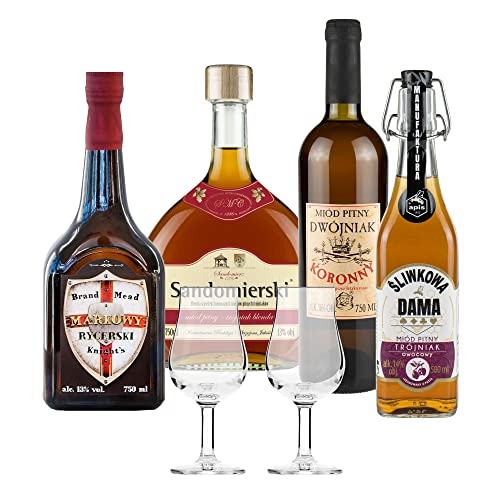 Setz von 4 Mets mit Gläsern (Honigwein Dwójniak-Halber / 3x Trójniak-Drittel) |2750ml | 13-16% Alkohol Metwein | Polnische Produktion von eHonigwein.de Premium Quality