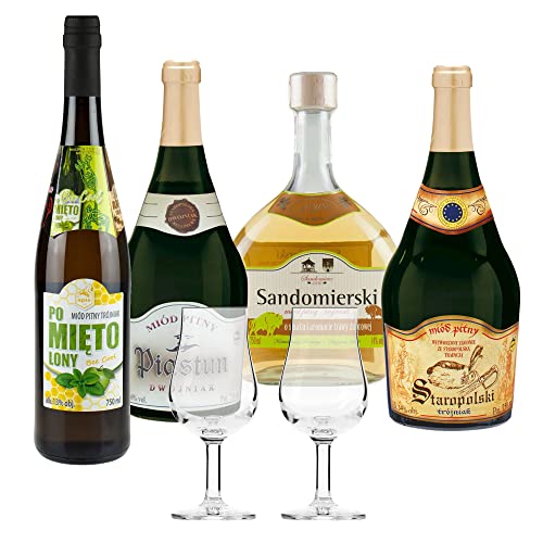 Setz von 4 Mets mit Gläsern (Honigwein Dwójniak-Halber / 3x Trójniak-Drittel) | 3000ml | 13-16% Alkohol Metwein | Polnische Produktion von eHonigwein.de Premium Quality