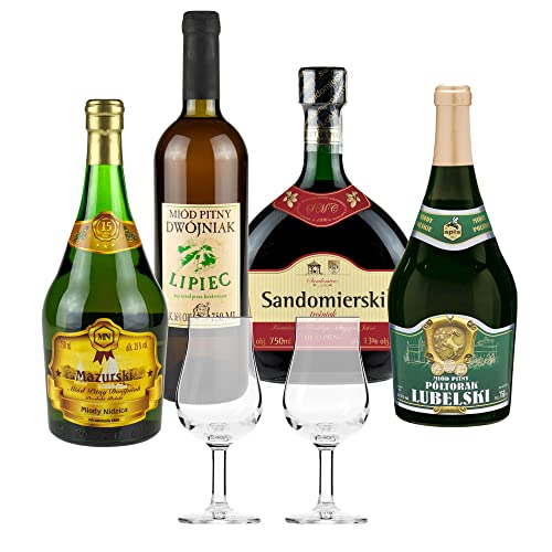 Setz von 4 Mets mit Gläsern (Honigwein Półtorak-Eineinhalber/ 2x Dwójniak-Halber/Trójniak-Drittel) | 3000ml | 13-16% Alkohol Metwein | Polnische Produktion von eHonigwein.de Premium Quality