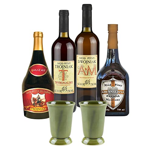 Setz von 4 Mets mit Keramikbechern (Honigwein 2x Dwójniak-Halber / 2x Trójniak-Drittel) | 3000ml | 13-16% Alkohol Metwein | Polnische Produktion von eHonigwein.de Premium Quality