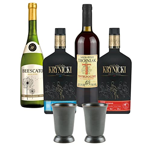 Setz von 4 Mets mit Keramikbechern (Honigwein 2x Dwójniak-Halber / 2x Trójniak-Drittel) | 3000ml | 13-16% Alkohol Metwein | Polnische Produktion von eHonigwein.de Premium Quality