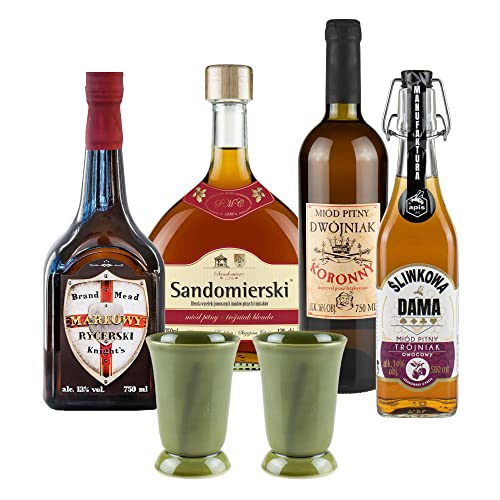 Setz von 4 Mets mit Keramikbechern (Honigwein Dwójniak-Halber / 3x Trójniak-Drittel) |2750ml | 13-16% Alkohol Metwein | Polnische Produktion von eHonigwein.de Premium Quality