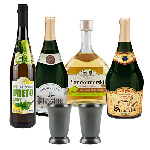 Setz von 4 Mets mit Keramikbechern (Honigwein Dwójniak-Halber / 3x Trójniak-Drittel) | 3000ml | 13-16% Alkohol Metwein | Polnische Produktion von eHonigwein.de Premium Quality
