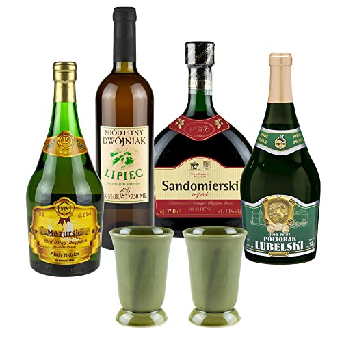Setz von 4 Mets mit Keramikbechern (Honigwein Półtorak-Eineinhalber/ 2x Dwójniak-Halber/Trójniak-Drittel) | 3000ml | 13-16% Alkohol Metwein | Polnische Produktion von eHonigwein.de Premium Quality