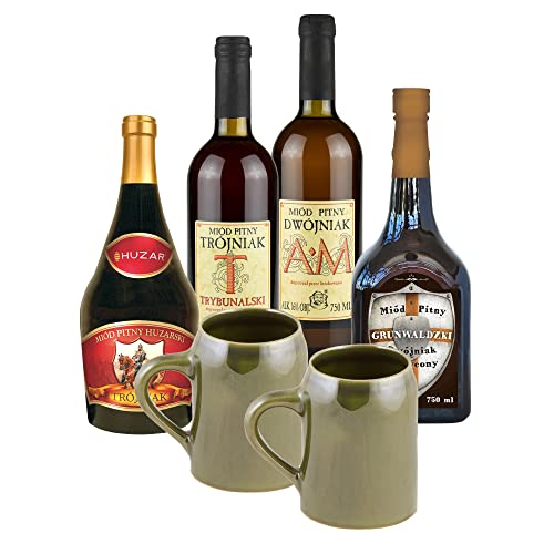 Setz von 4 Mets mit Keramikkrügen (Honigwein 2x Dwójniak-Halber / 2x Trójniak-Drittel) | 3000ml | 13-16% Alkohol Metwein | Polnische Produktion von eHonigwein.de Premium Quality