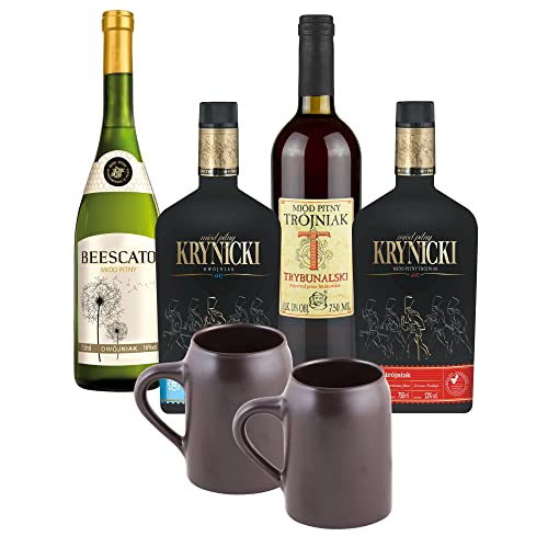 Setz von 4 Mets mit Keramikkrügen (Honigwein 2x Dwójniak-Halber / 2x Trójniak-Drittel) | 3000ml | 13-16% Alkohol Metwein | Polnische Produktion von eHonigwein.de Premium Quality