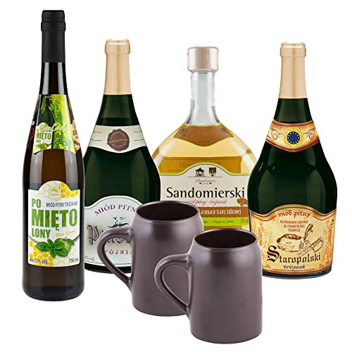 Setz von 4 Mets mit Keramikkrügen (Honigwein Dwójniak-Halber / 3x Trójniak-Drittel) | 3000ml | 13-16% Alkohol Metwein | Polnische Produktion von eHonigwein.de Premium Quality