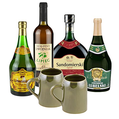 Setz von 4 Mets mit Keramikkrügen (Honigwein Półtorak-Eineinhalber/ 2x Dwójniak-Halber/Trójniak-Drittel) | 3000ml | 13-16% Alkohol Metwein | Polnische Produktion von eHonigwein.de Premium Quality