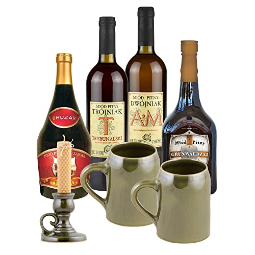 Setz von 4 Mets mit Keramikkrügen und Leuchter (Honigwein 2x Dwójniak-Halber / 2x Trójniak-Drittel) | 3000ml | 13-16% Alkohol Metwein | Polnische Produktion von eHonigwein.de Premium Quality