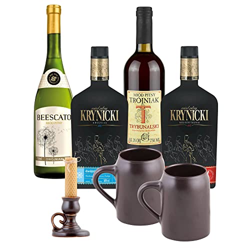 Setz von 4 Mets mit Keramikkrügen und Leuchter (Honigwein 2x Dwójniak-Halber / 2x Trójniak-Drittel) | 3000ml | 13-16% Alkohol Metwein | Polnische Produktion von eHonigwein.de Premium Quality