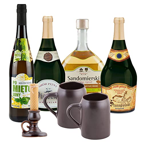 Setz von 4 Mets mit Keramikkrügen und Leuchter (Honigwein Dwójniak-Halber / 3x Trójniak-Drittel) | 3000ml | 13-16% Alkohol Metwein | Polnische Produktion von eHonigwein.de Premium Quality