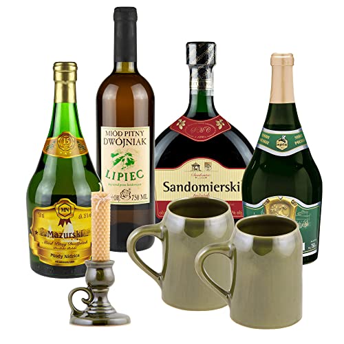 Setz von 4 Mets mit Keramikkrügen und Leuchter (Honigwein Półtorak-Eineinhalber/ 2x Dwójniak-Halber/Trójniak-Drittel) | 3000ml | 13-16% Alkohol Metwein | Polnische Produktion von eHonigwein.de Premium Quality