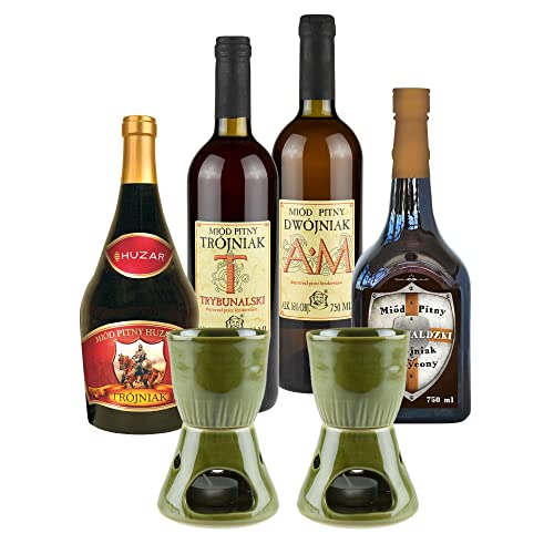 Setz von 4 Mets mit Keramikwärmern (Honigwein 2x Dwójniak-Halber / 2x Trójniak-Drittel) | 3000ml | 13-16% Alkohol Metwein | Polnische Produktion von eHonigwein.de Premium Quality