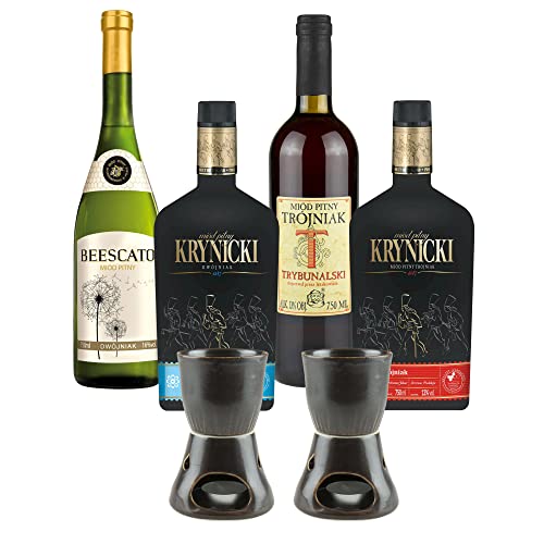 Setz von 4 Mets mit Keramikwärmern (Honigwein 2x Dwójniak-Halber / 2x Trójniak-Drittel) | 3000ml | 13-16% Alkohol Metwein | Polnische Produktion von eHonigwein.de Premium Quality