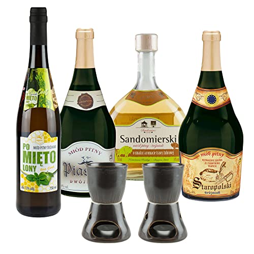 Setz von 4 Mets mit Keramikwärmern (Honigwein Dwójniak-Halber / 3x Trójniak-Drittel) | 3000ml | 13-16% Alkohol Metwein | Polnische Produktion von eHonigwein.de Premium Quality