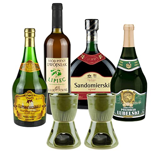 Setz von 4 Mets mit Keramikwärmern (Honigwein Półtorak-Eineinhalber/ 2x Dwójniak-Halber/Trójniak-Drittel) | 3000ml | 13-16% Alkohol Metwein | Polnische Produktion von eHonigwein.de Premium Quality