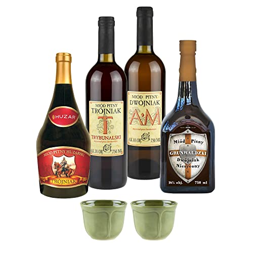 Setz von 4 Mets mit kleinen Keramikbechern (Honigwein 2x Dwójniak-Halber / 2x Trójniak-Drittel) | 3000ml | 13-16% Alkohol Metwein | Polnische Produktion von eHonigwein.de Premium Quality