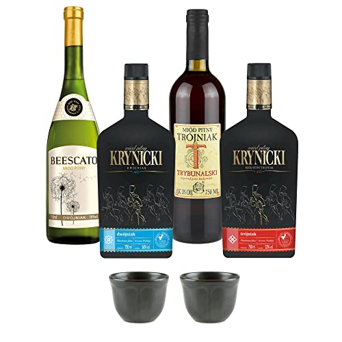 Setz von 4 Mets mit kleinen Keramikbechern (Honigwein 2x Dwójniak-Halber / 2x Trójniak-Drittel) | 3000ml | 13-16% Alkohol Metwein | Polnische Produktion von eHonigwein.de Premium Quality