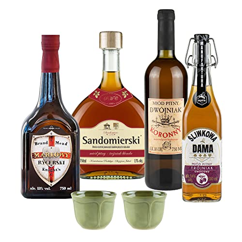 Setz von 4 Mets mit kleinen Keramikbechern (Honigwein Dwójniak-Halber / 3x Trójniak-Drittel) |2750ml | 13-16% Alkohol Metwein | Polnische Produktion von eHonigwein.de Premium Quality