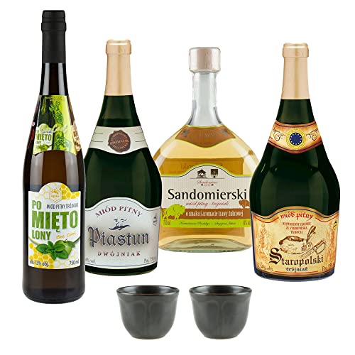 Setz von 4 Mets mit kleinen Keramikbechern (Honigwein Dwójniak-Halber / 3x Trójniak-Drittel) | 3000ml | 13-16% Alkohol Metwein | Polnische Produktion von eHonigwein.de Premium Quality