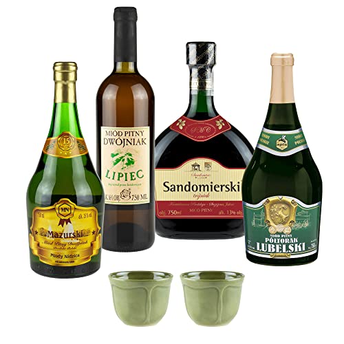 Setz von 4 Mets mit kleinen Keramikbechern (Honigwein Półtorak-Eineinhalber/ 2x Dwójniak-Halber/Trójniak-Drittel) | 3000ml | 13-16% Alkohol Metwein | Polnische Produktion von eHonigwein.de Premium Quality