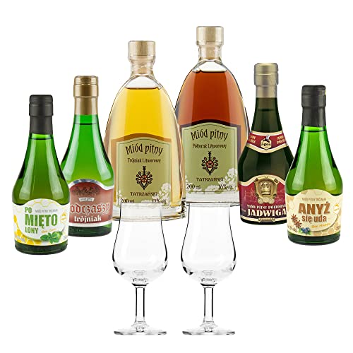 Setz von 6 Mets mit Gläsern (Honigwein 2x Półtorak-Eineinhalber/ 4x Trójniak-Drittel) | 1400ml | 13-16% Alkohol Metwein | Polnische Produktion von eHonigwein.de Premium Quality