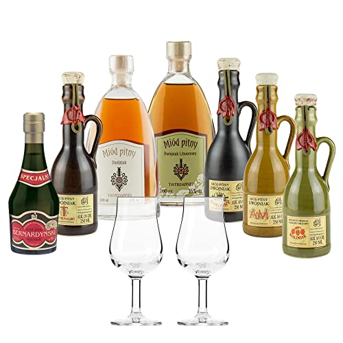 Setz von 7 Mets mit Gläsern (Honigwein 5x Dwójniak-Halber / 2x Trójniak-Drittel) | 1650ml | 13-16% Alkohol Metwein | Polnische Produktion von eHonigwein.de Premium Quality