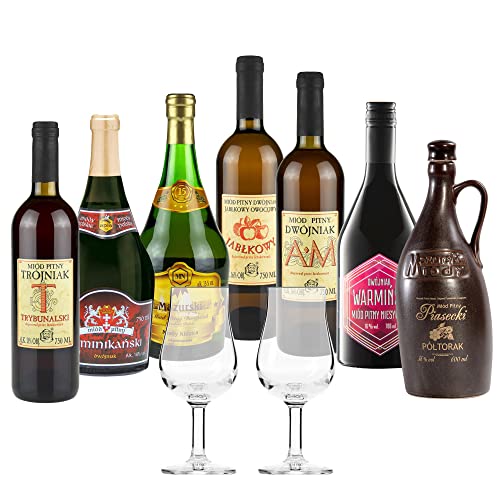 Setz von 7 Mets mit Gläsern (Honigwein Półtorak-Eineinhalber/ 5x Dwójniak-Halber/Trójniak-Drittel) | 5050ml | 13-16% Alkohol Metwein | Polnische Produktion von eHonigwein.de Premium Quality