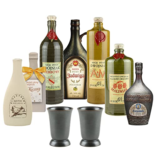 Setz von 7 Mets mit Keramikbechern (Honigwein Półtorak-Eineinhalber/ 4x Dwójniak-Halber / 2x Trójniak-Drittel) | 4500ml | 13-16% Alkohol Metwein | Polnische Produktion von eHonigwein.de Premium Quality