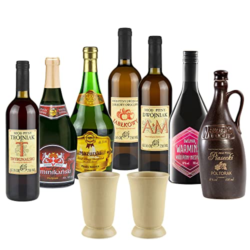 Setz von 7 Mets mit Keramikbechern (Honigwein Półtorak-Eineinhalber/ 5x Dwójniak-Halber/Trójniak-Drittel) | 5050ml | 13-16% Alkohol Metwein | Polnische Produktion von eHonigwein.de Premium Quality
