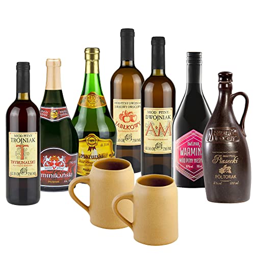 Setz von 7 Mets mit Keramikkrügen (Honigwein Półtorak-Eineinhalber/ 5x Dwójniak-Halber/Trójniak-Drittel) | 5050ml | 13-16% Alkohol Metwein | Polnische Produktion von eHonigwein.de Premium Quality