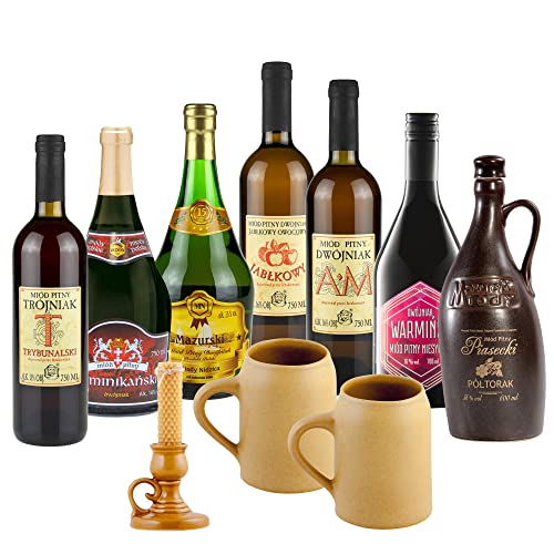 Setz von 7 Mets mit Keramikkrügen und Leuchter (Honigwein Półtorak-Eineinhalber/ 5x Dwójniak-Halber/Trójniak-Drittel) | 5050ml | 13-16% Alkohol Metwein | Polnische Produktion von eHonigwein.de Premium Quality