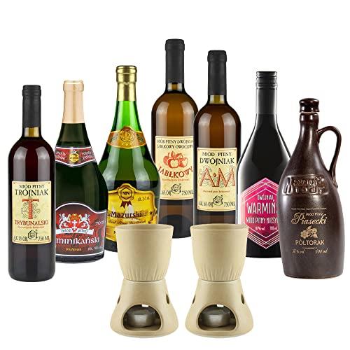 Setz von 7 Mets mit Keramikwärmern (Honigwein Półtorak-Eineinhalber/ 5x Dwójniak-Halber/Trójniak-Drittel) | 5050ml | 13-16% Alkohol Metwein | Polnische Produktion von eHonigwein.de Premium Quality