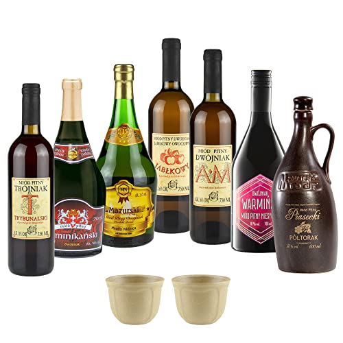 Setz von 7 Mets mit kleinen Keramikbechern (Honigwein Półtorak-Eineinhalber/ 5x Dwójniak-Halber/Trójniak-Drittel) | 5050ml | 13-16% Alkohol Metwein | Polnische Produktion von eHonigwein.de Premium Quality