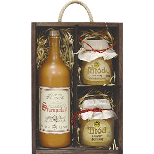Staropolski Met Dwójniak-Halber (Keramik) Geschenkset in einer leichten Holzbox mit Mehrblütenhonig und Buchweizenhonig | 750ml | 16% Alkohol Metwein | Polnische Produktion von eHonigwein.de Premium Quality