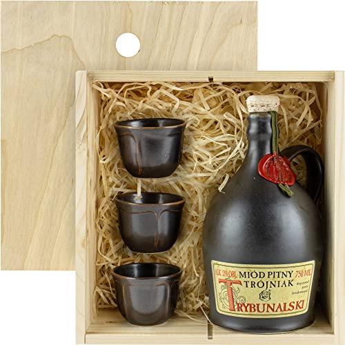 Trybunalski Met Trójniak-Einhalber (Keramik) Geschenkset in einer leichten Holzbox mit 3 kleinen Keramikbechern | 750ml | 13% Alkohol Metwein | Polnische Produktion von eHonigwein.de Premium Quality