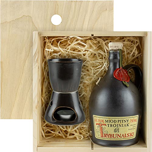 Trybunalski Met Trójniak-Einhalber (Keramik) Geschenkset in einer leichten Holzbox mit Keramikwärmer | 750ml | 13% Alkohol Metwein | Polnische Produktion von eHonigwein.de Premium Quality