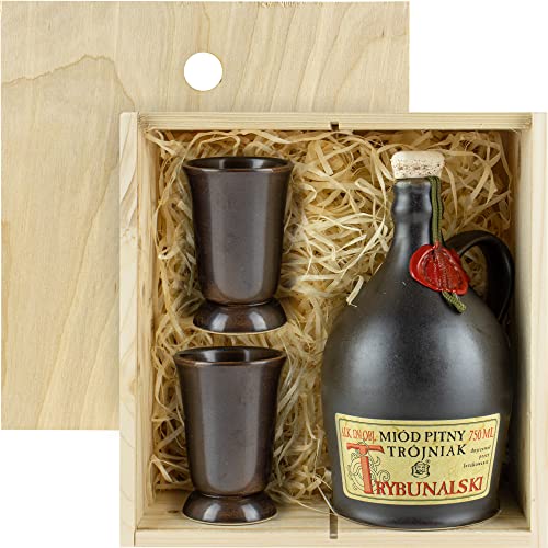 Trybunalski Met Trójniak-Einhalber Geschenkset in einer leichten Holzbox mit Keramikbechern | 750ml | 13% Alkohol Metwein | Polnische Produktion von eHonigwein.de Premium Quality