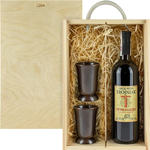 Trybunalski Met Trójniak-Einhalber Geschenkset in einer leichten Holzbox mit Keramikbechern | 750 ml | 13% Alkohol Metwein | Polnische Produktion von eHonigwein.de Premium Quality