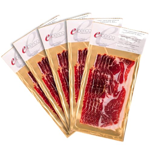 5 Pakete iberischer Cebo-Schinken 50% iberischer Rasse - Vakuumversiegelte Scheiben - Traditioneller spanischer Gourmet-Geschmack - Elbérico von eIbérico