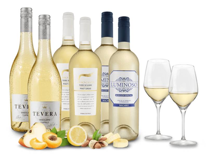Weißwein-Frühling M mit 6 Flaschen + 2 GRATIS-Gläser von ebrosia