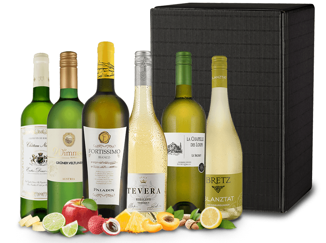 Festtags-Kiste mit edlen Weißweinen und Holzkiste von ebrosia